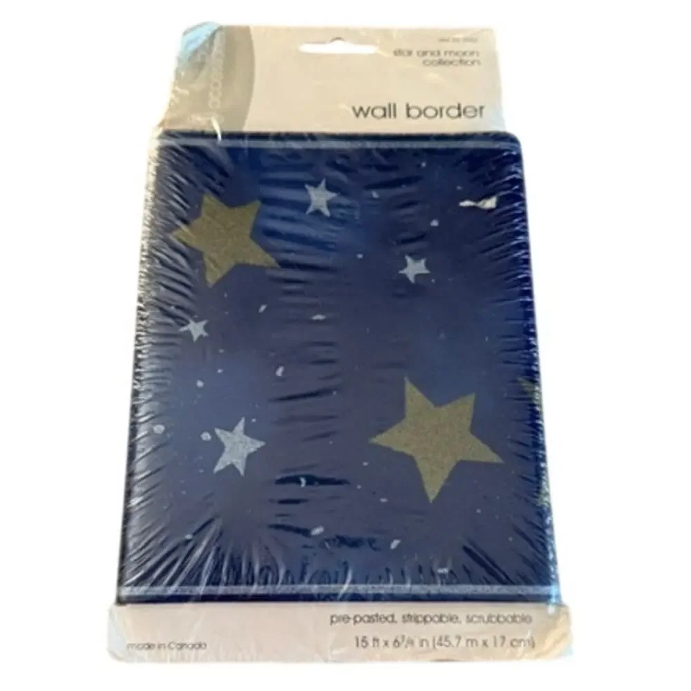 Starry Night Blue Gold Stars Prepasted Wall Border 15 Ft x 6 7/8 In Sealed